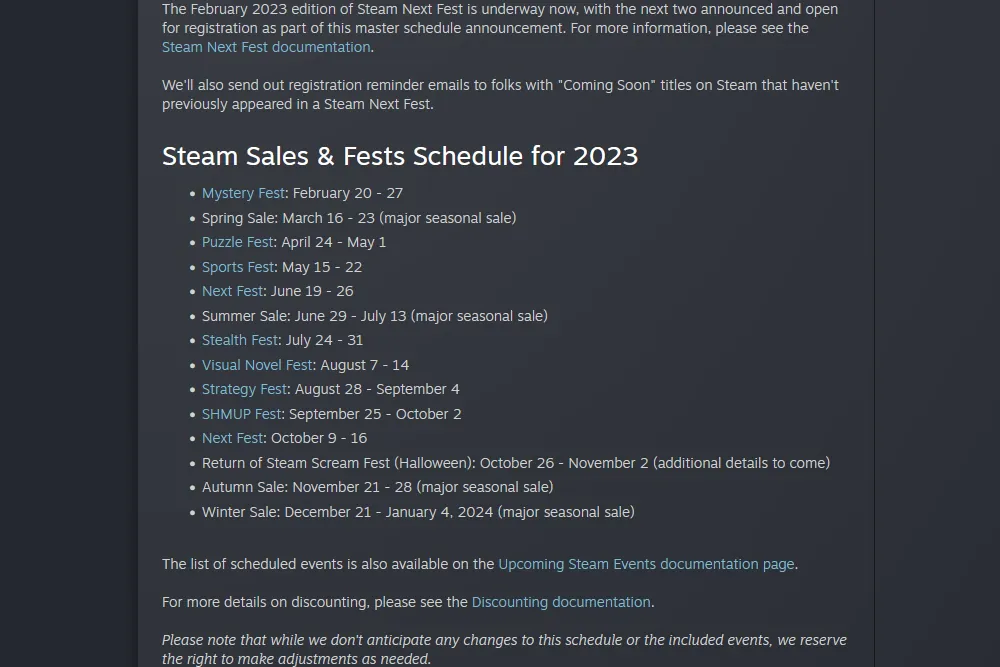 Steam Sale & Fest schedule 2023