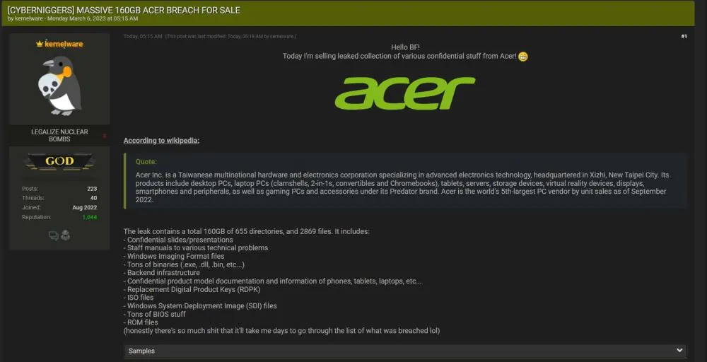Acer data breach 160GB