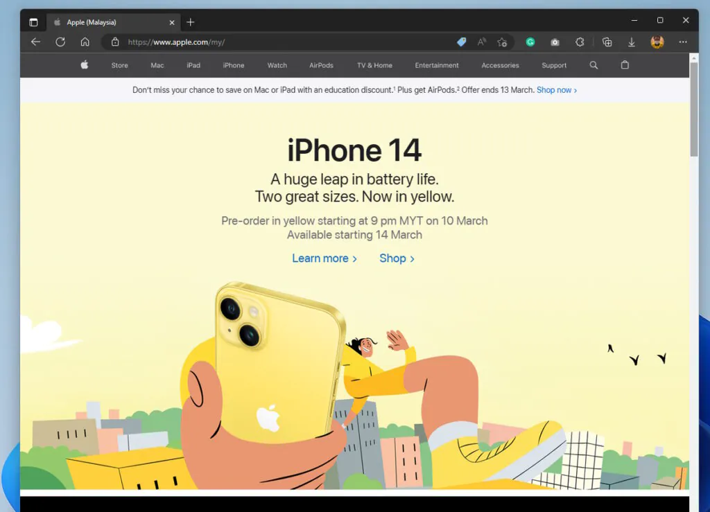 Apple Malaysia Website - 7 March 2023 - iPhone 14 Yellow